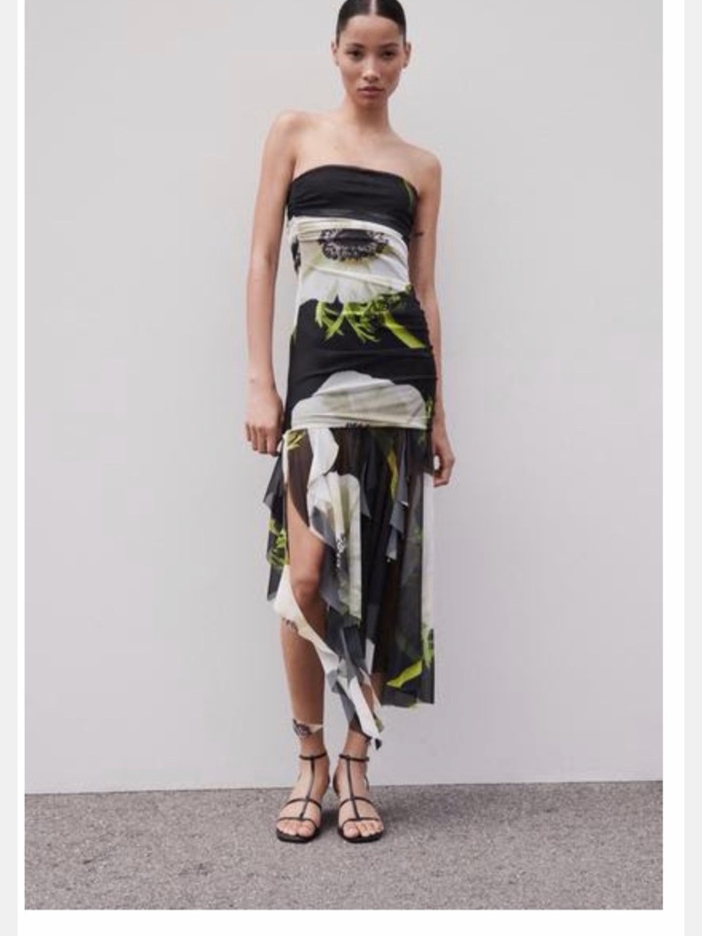 Zara Black White and Green Floral Strapless Midi Dress